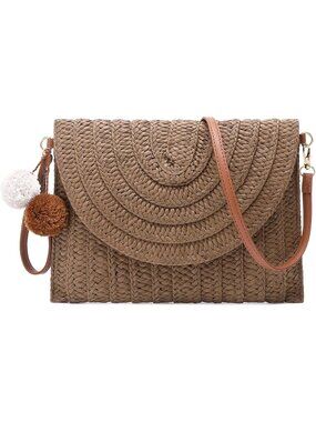 Women's Dark Brown Clutch Beach Purse Envelope Woven Crossbody Bags Summer Bag